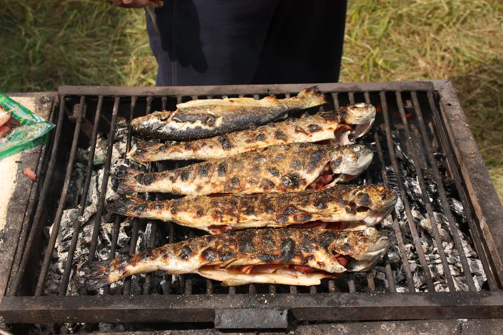 Pescado asándose sobre la brasa de encina con chispas